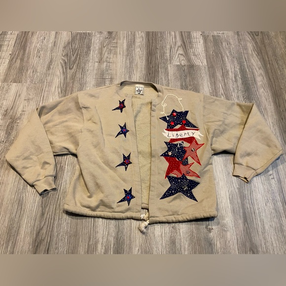 Vintage Liberty American Flag Knit Sweater Cardigan Alore Tan Size Large - Picture 1 of 7